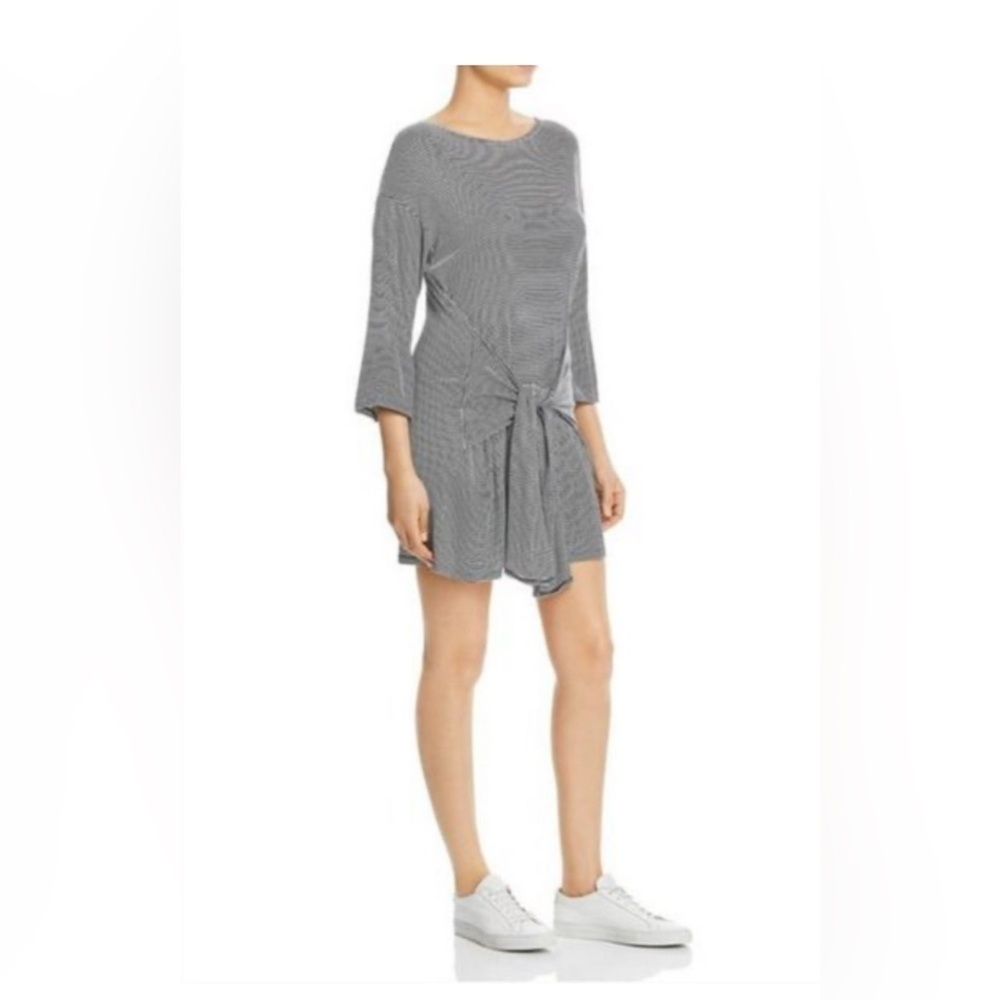 NEW‎ Elan Medium Grey White Stripe 3/4 Sleeve Tie Front Boatneck T-Shirt Dress